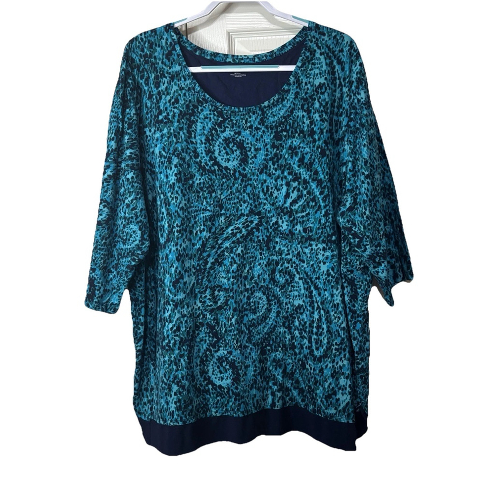 Catherines 3X Beautiful Speckled Swirl Pattern Cotton Top Navy Hem Slits